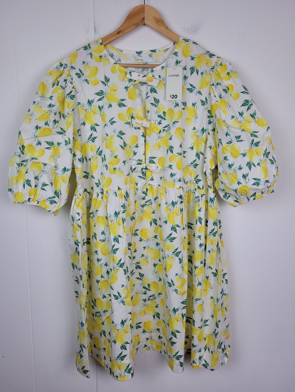 George XXL Lemon Print Cotton Dress NWT Yellow White Puff Sleeve